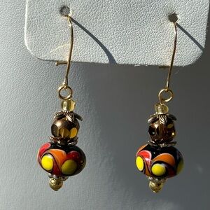 Wedding Cake Art Glass & Aurora Borealis Crystal Beaded Dangle Pierced Earrings